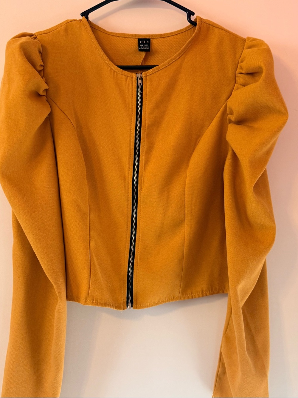 SHEIN Mustard Puff-Sleeve Zip Front Blazer